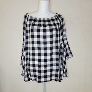 Fever Tunic Top L Black And White Check Elastic On The Shoulder Neck 3/4...